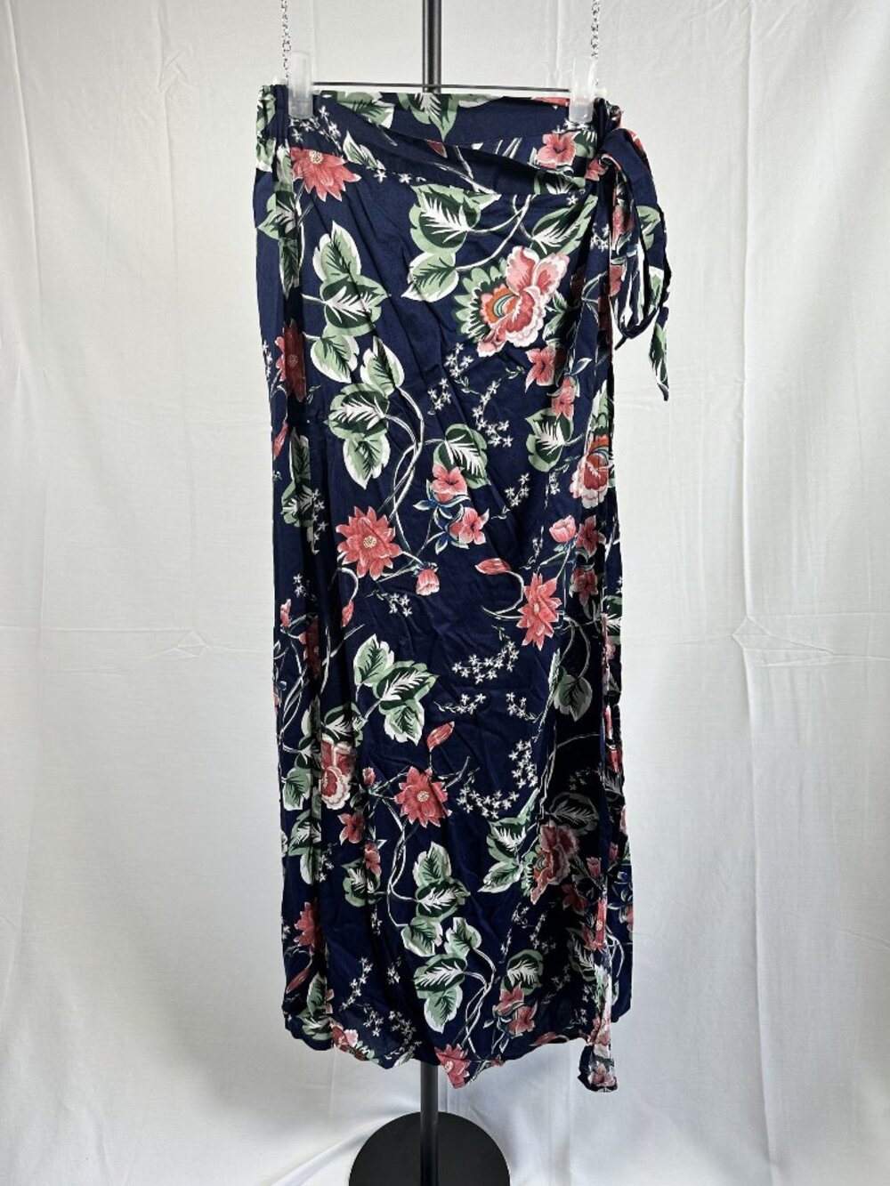 Japna Navy Blue Floral Rayon Wrap Skirt XS Side Tie Closure